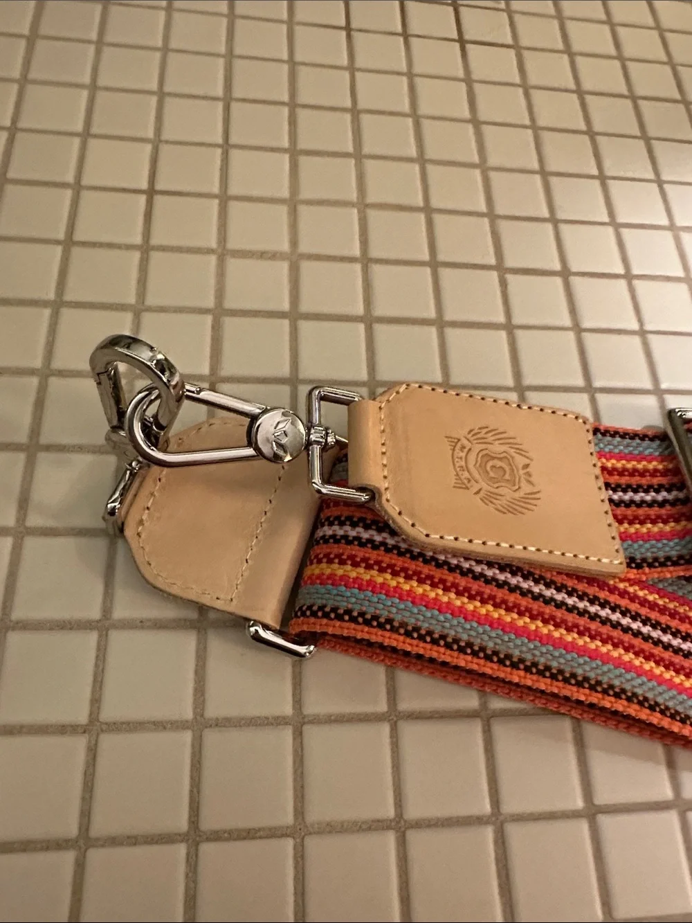 Adjustable Orange Striped Webbing Bag Strap with Leather Accents guitar strap